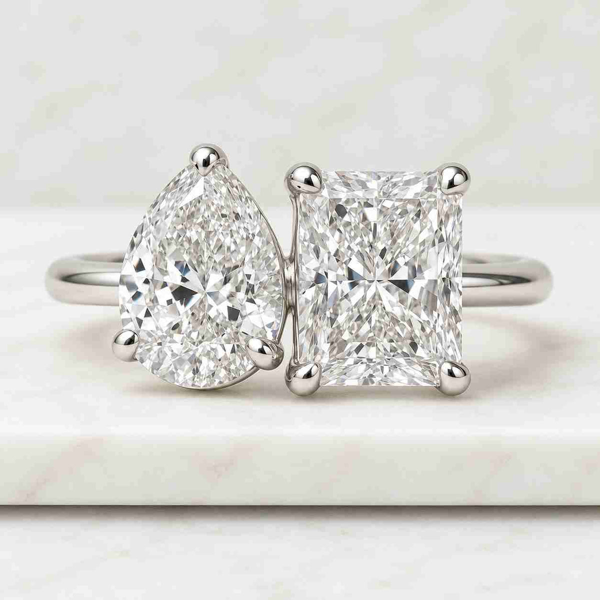 pear & radiant cut lab grown engagement ring, 14k solid yellow gold anniversary ring, toi et moi proposal ring, two stone bridal jewelry.