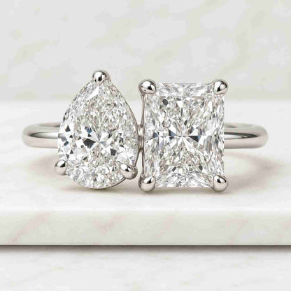 Pear & Radiant Cut Lab Grown Engagement Ring, 14K Solid Yellow Gold Anniversary Ring, Toi Et Moi Proposal Ring, Two Stone Bridal Jewelry.