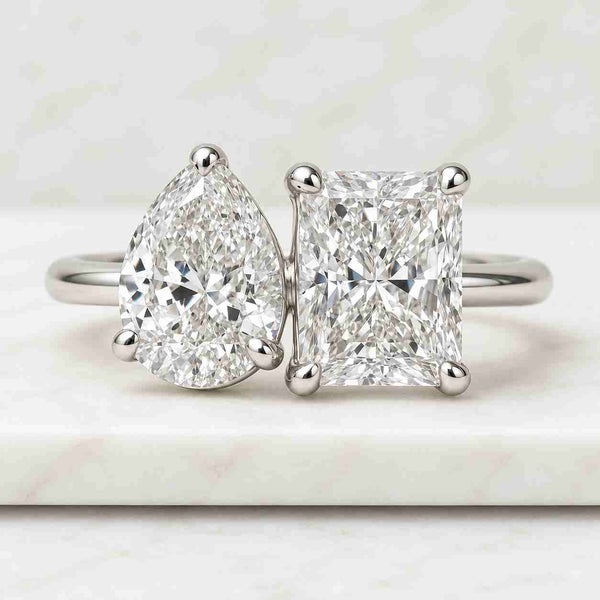 Pear & Radiant Cut Lab Grown Engagement Ring, 14K Solid Yellow Gold Anniversary Ring, Toi Et Moi Proposal Ring, Two Stone Bridal Jewelry.