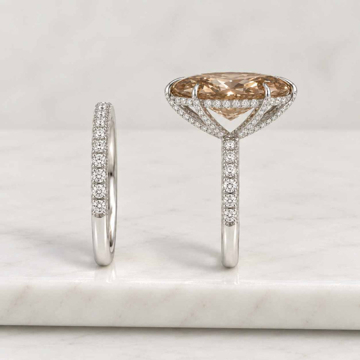 pear & round half eternity open band, solitaire engagement ring set