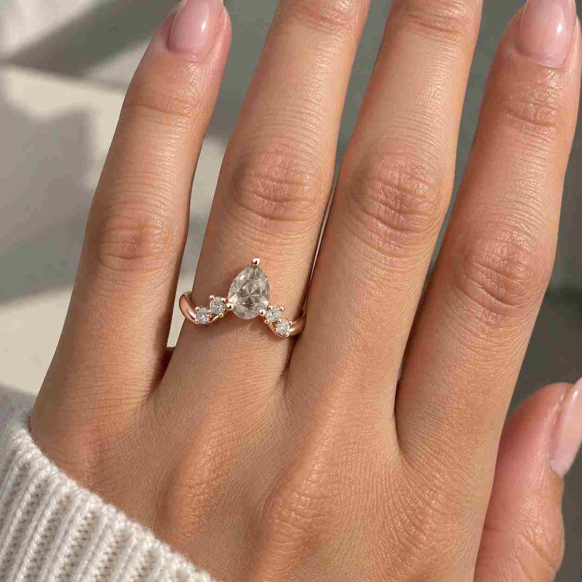 pear salt and pepper diamond curved wedding band 14k white gold nesting ring chevron diamond band for women