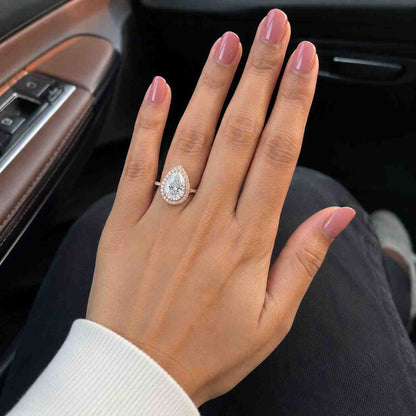 Pear Shape Halo Lab Grown Diamond Engagement Ring | Pave Round Diamonds | IGI Certified | 10k 14k 18k Gold, Platinum & Silver
