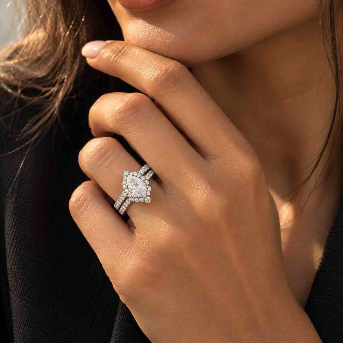 pear shape lab grown diamond with side pave diamonds & hidden halo engagement ring | igi certified | gift for her