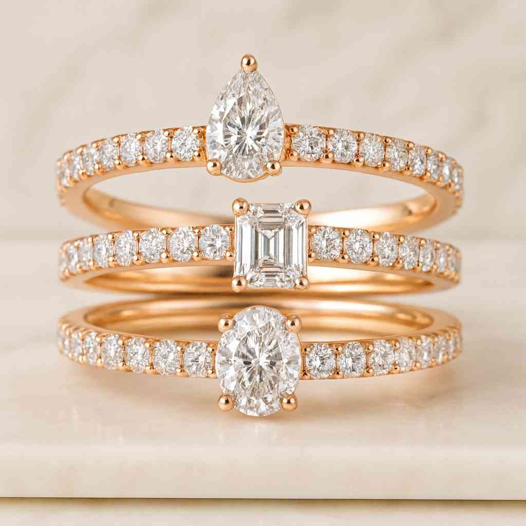 pear shape oval emerald cut lab grown diamond trilogy cocktail engagement ring 14k white gold