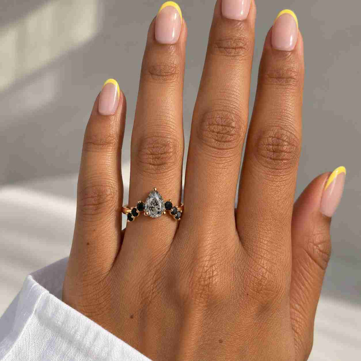 pear shaped black rutilated quartz bridal set solid gold engagement ring