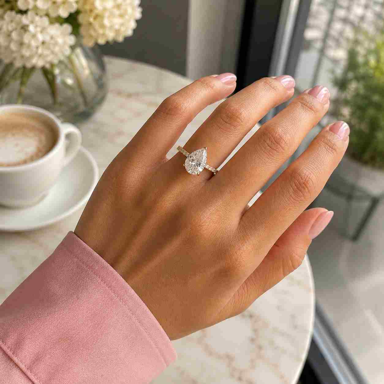 Pear shaped moissanite solitaire ring with diamond pave setting
