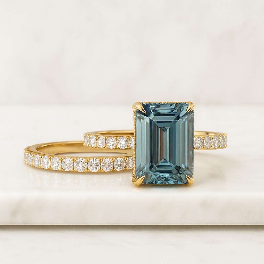 Pear shaped teal sapphire rose gold engagement ring, half eternity moissanite marquise cut lab emerald ring, prong set diamond bridal ring