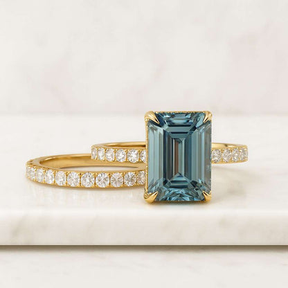 Pear shaped teal sapphire rose gold engagement ring, half eternity moissanite marquise cut lab emerald ring, prong set diamond bridal ring