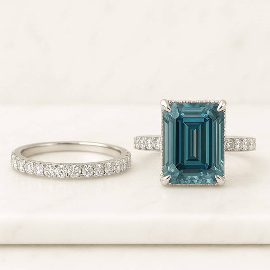1CT Emerald Cut Teal Sapphire Engagement Ring, Montana Sapphire Vintage Diamond Cluster Blue-Green Sapphire Wedding Anniversary Gift for Her