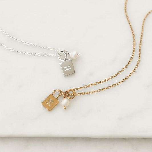 Pearl Diamond Padlock Charm Necklace