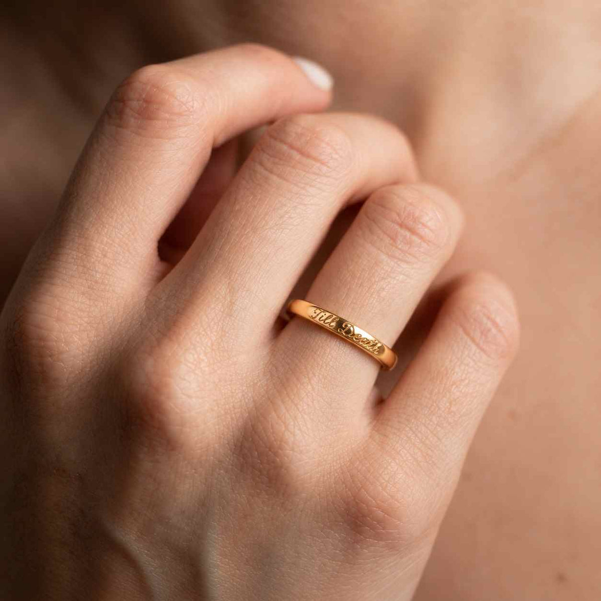 Personalized 14k Thin Band Ring, Engraved 14k Solid Rose Gold Ring, 1.5mm Custom Gold Square Band, Stackable Wedding Band Ring
