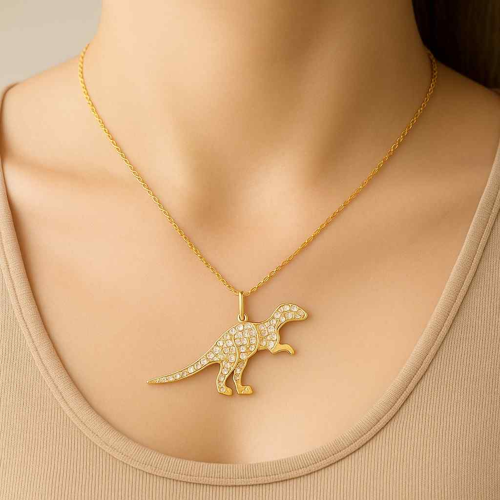 18K Solid Gold Lab Grown Diamond Micro Pave Dinosaur Pendant Necklace