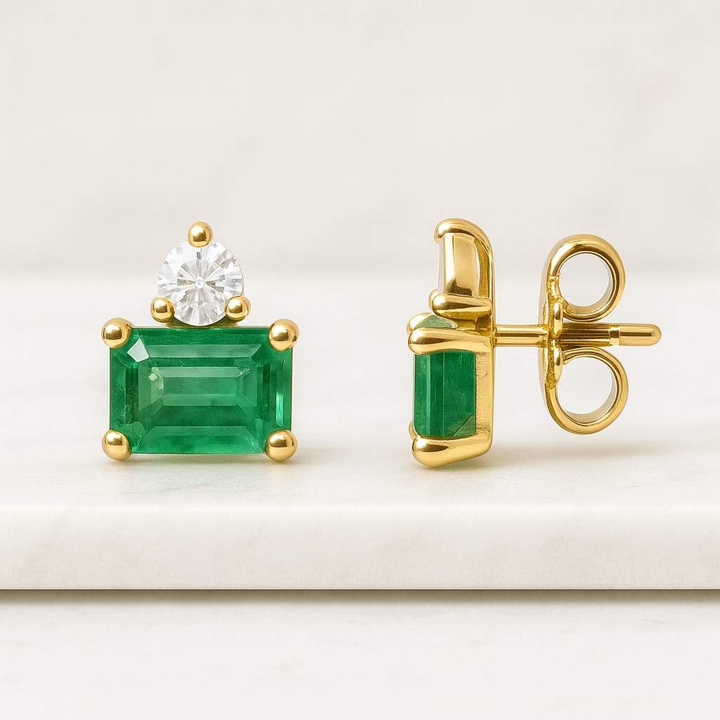 Petite Marquise Emerald Earrings 14k Solid Gold Stud