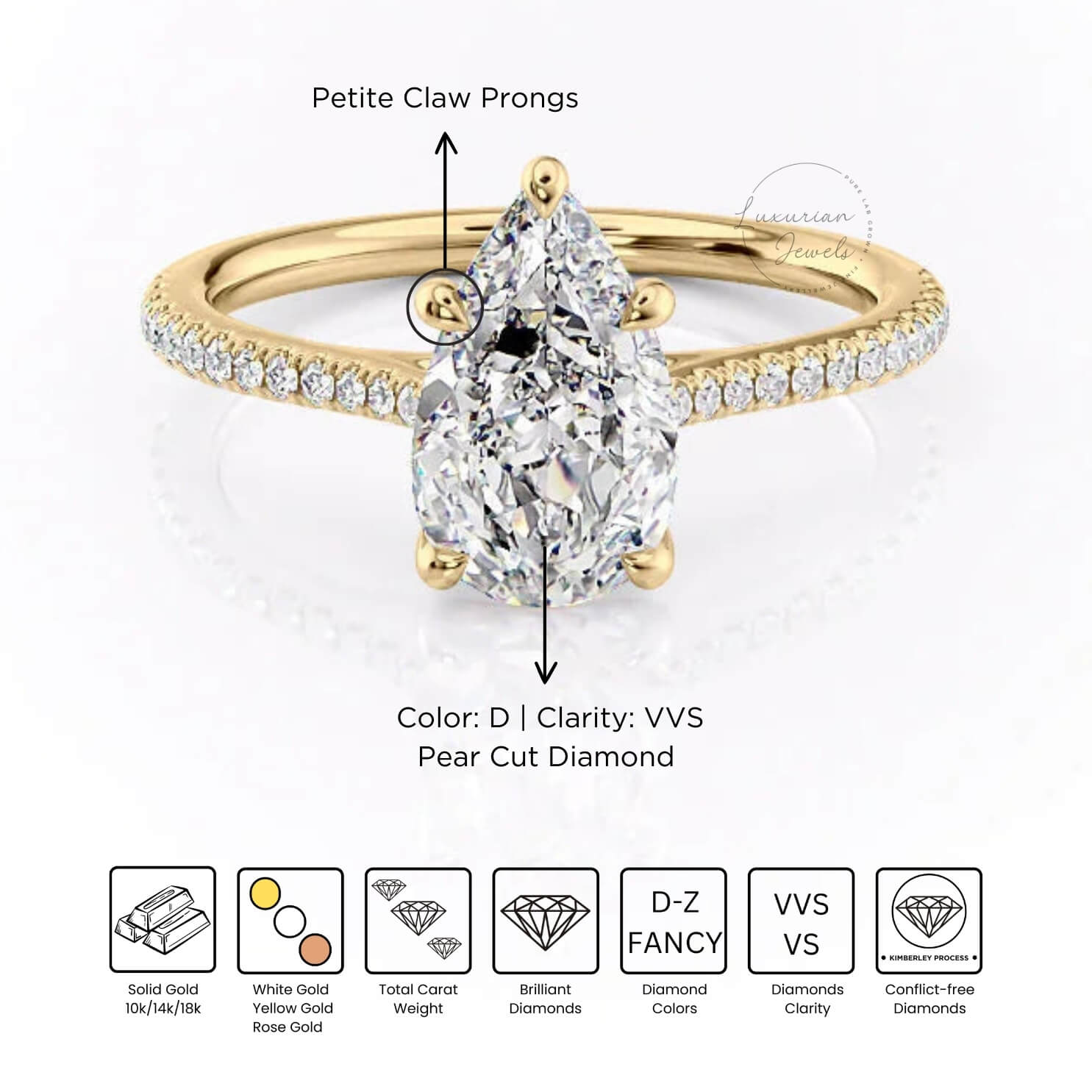 Petite Claw Prongs Ring, Pear Cut Diamond 
