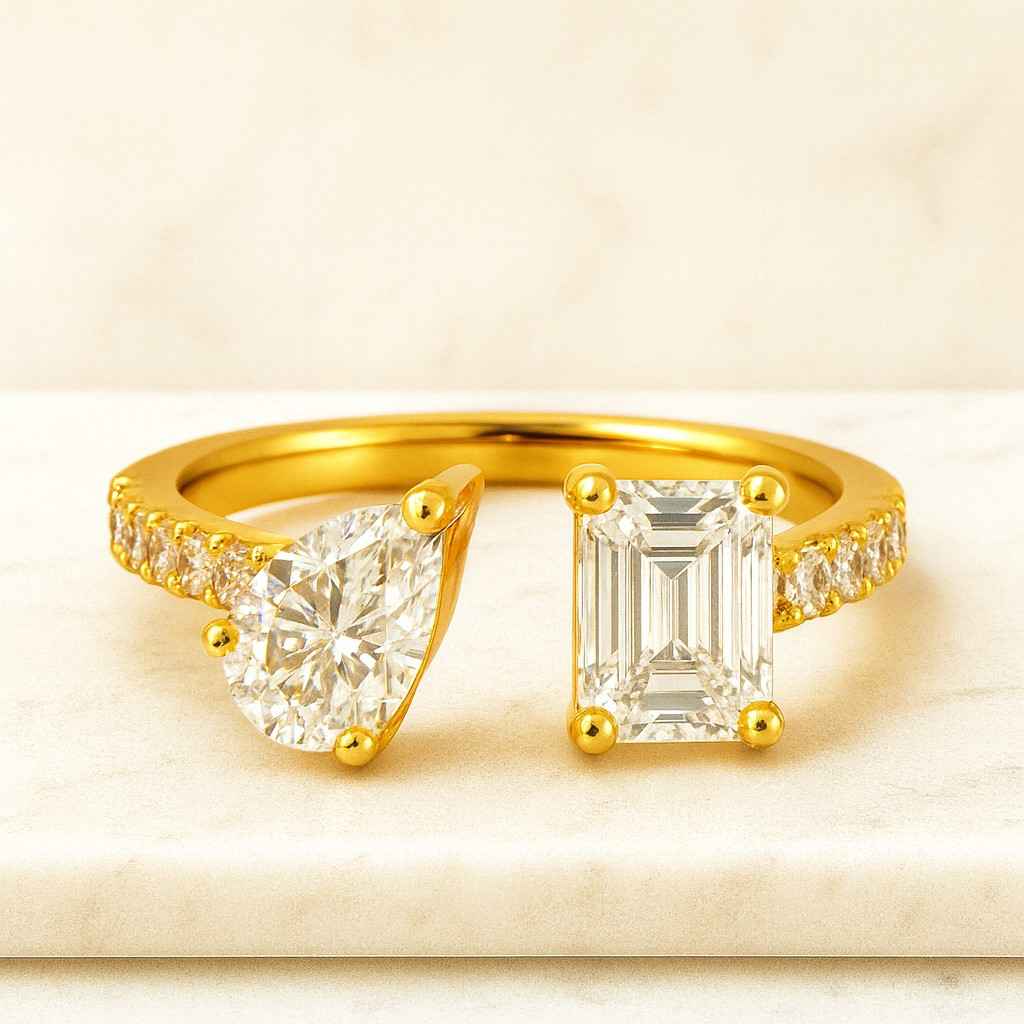 Emerald Pear Moissanite Toi et Moi Ring 14K Gold Double Stone Ring