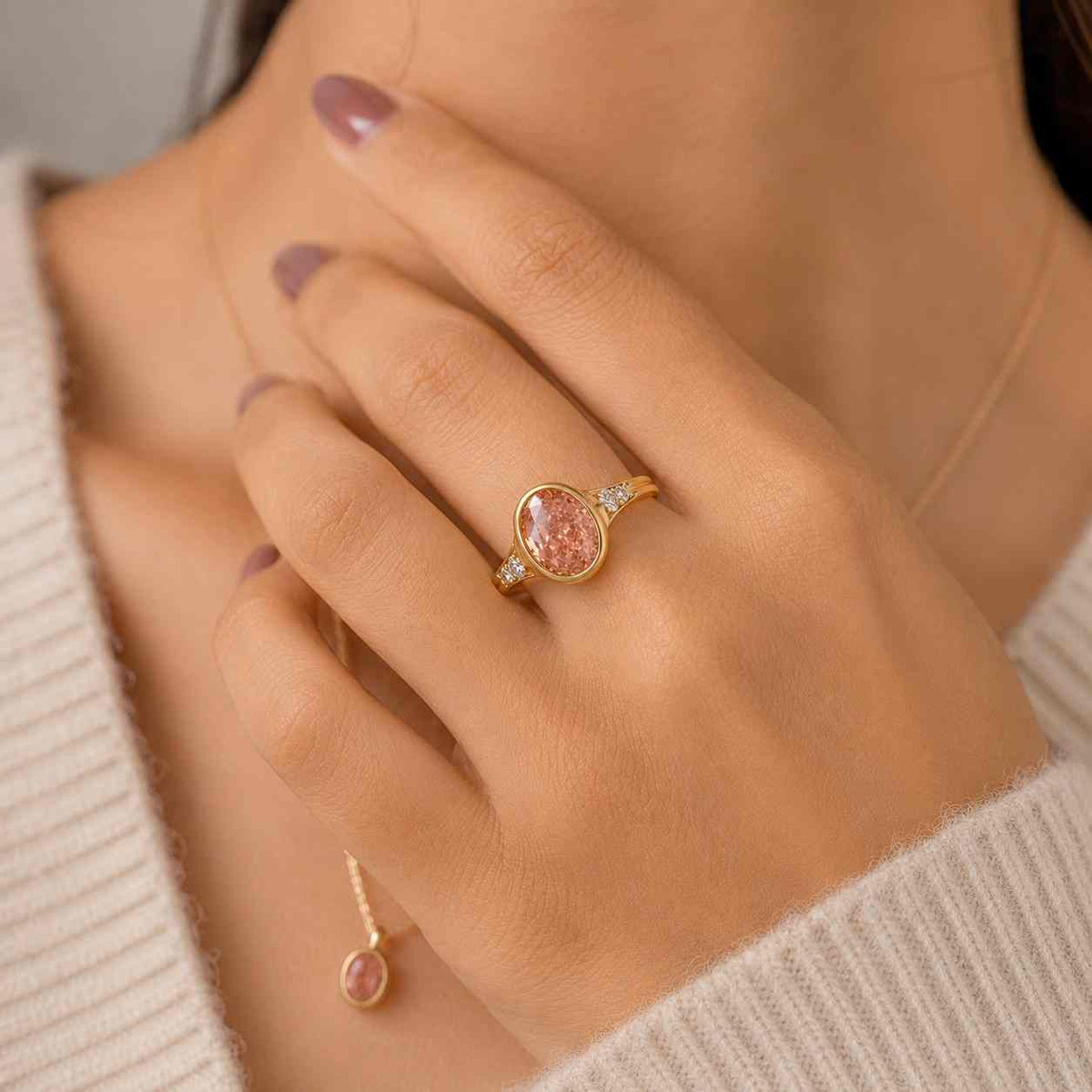 Pink Diamond Abstract Bezel Engagement Ring, Oval Lab Grown Diamond Molten Solitaire Ring, 14K Rose Gold Bridal Ring For Women