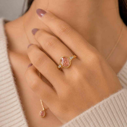 Pink Diamond Abstract Bezel Engagement Ring, Oval Lab Grown Diamond Molten Solitaire Ring, 14K Rose Gold Bridal Ring For Women