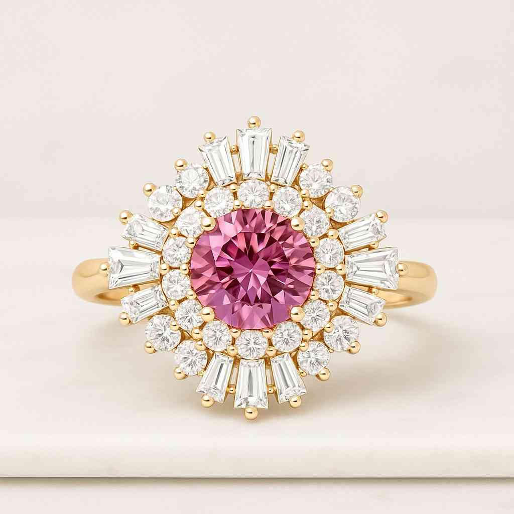 Pink Diamond Engagement Ring with Round Rose Cut Diamond
