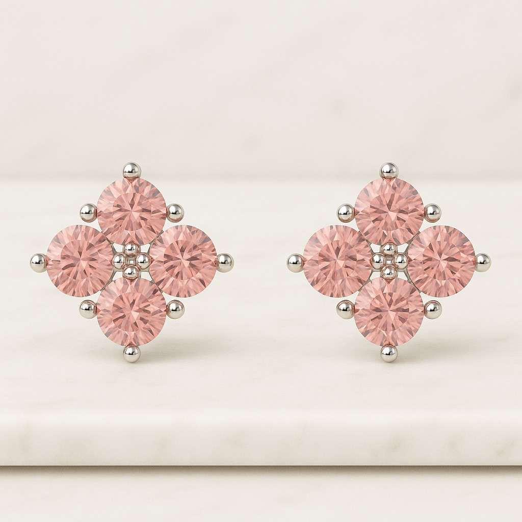 Pink Lab Grown Diamond Double Halo 14k Gold Stud Earrings Pink Round Cut Lab Grown Diamond Stud Earrings