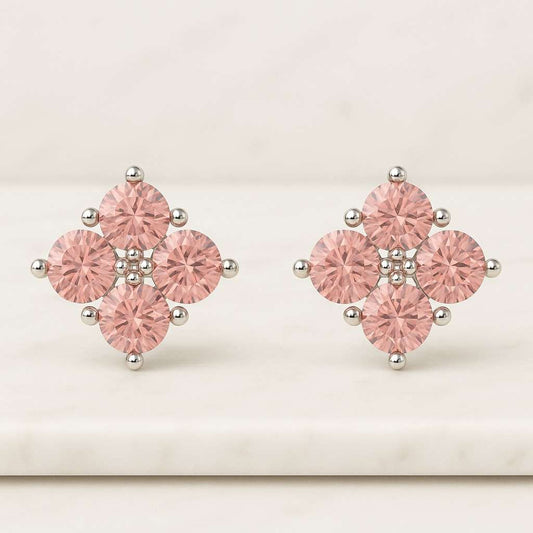 Pink Lab Grown Diamond Double Halo 14k Gold Stud Earrings Pink Round Cut Lab Grown Diamond Stud Earrings