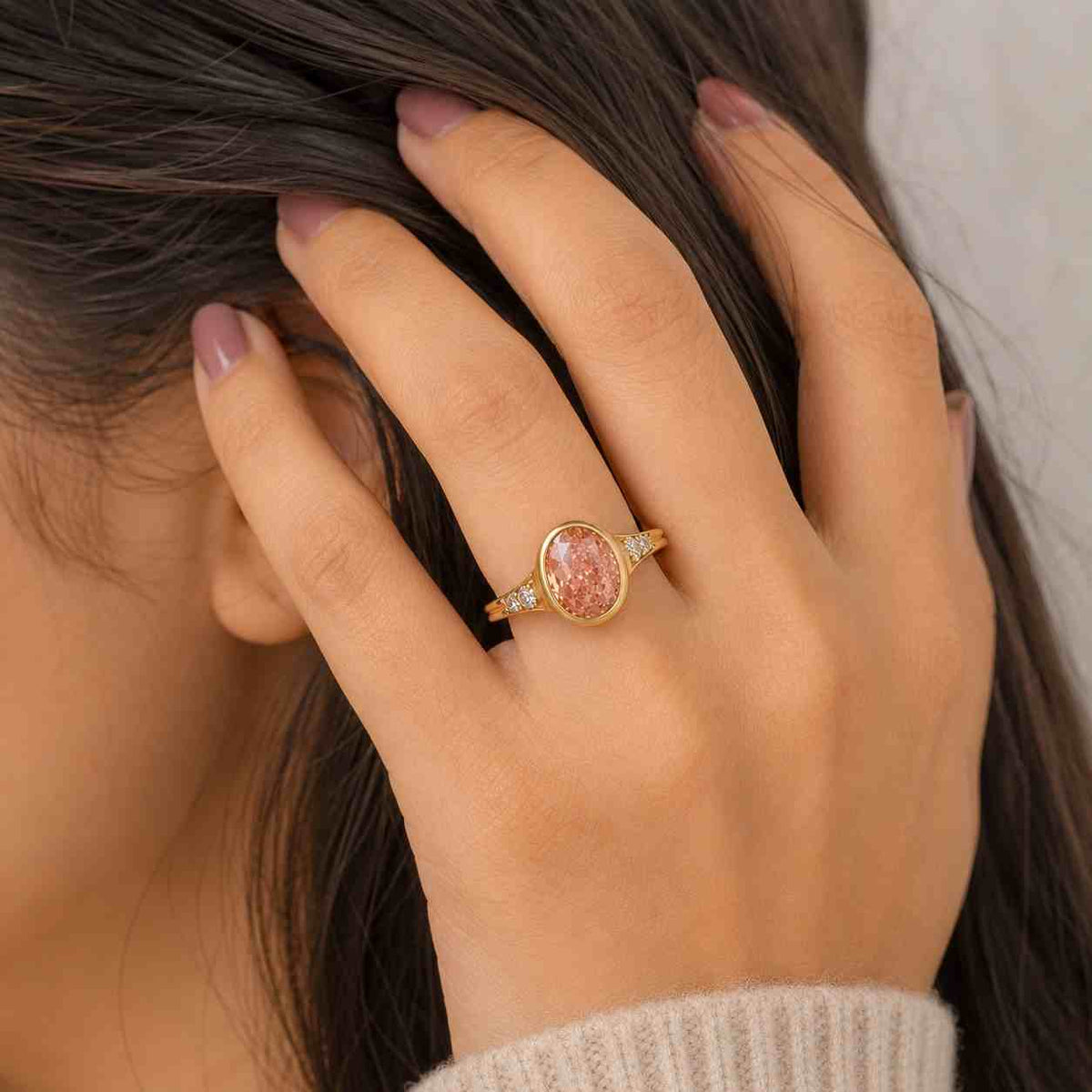pink oval cut lab diamond bezel ring  modern solitaire promise anniversary gift for her
