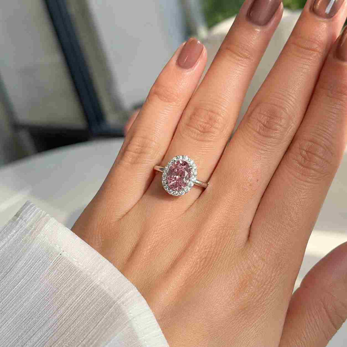Pink Oval Cut Lab Grown Diamond Engagement RIng, Pink Oval Diamond Ring, 14K Gold Side Round Diamond Hidden Halo Ring For Anniversary Gifts
