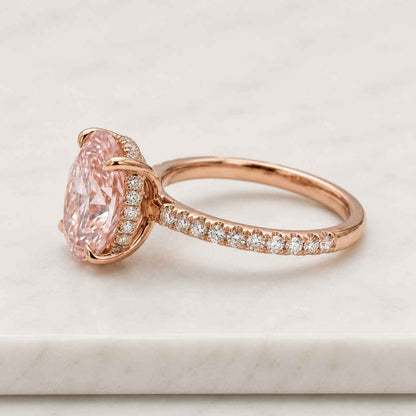 Pink Oval Lab Diamond Engagement Ring, Pave Halo, White Gold Bridal Jewelry
