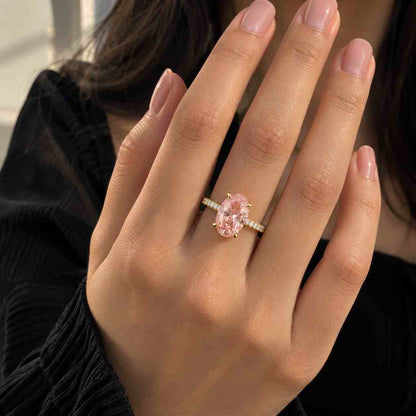 Pink Oval Lab Grown Diamond Engagement RIng, Pink Oval Diamond Ring, 14K Gold Side Round Diamond Hidden Halo Ring
