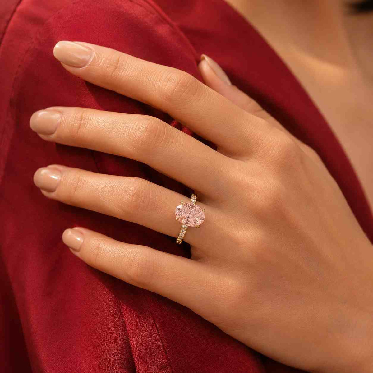 Pink Oval Lab Grown Diamond Engagement RIng, Pink Oval Diamond Ring, 14K Gold Side Round Diamond Hidden Halo Ring For Anniversary Gifts
