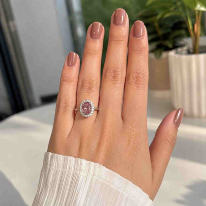 Pink Oval Lab Grown Diamond Halo Engagement Ring, 14K White Gold Fancy Pink Man made Diamond Solitaire Ring, Lab Diamond Ring For Her
