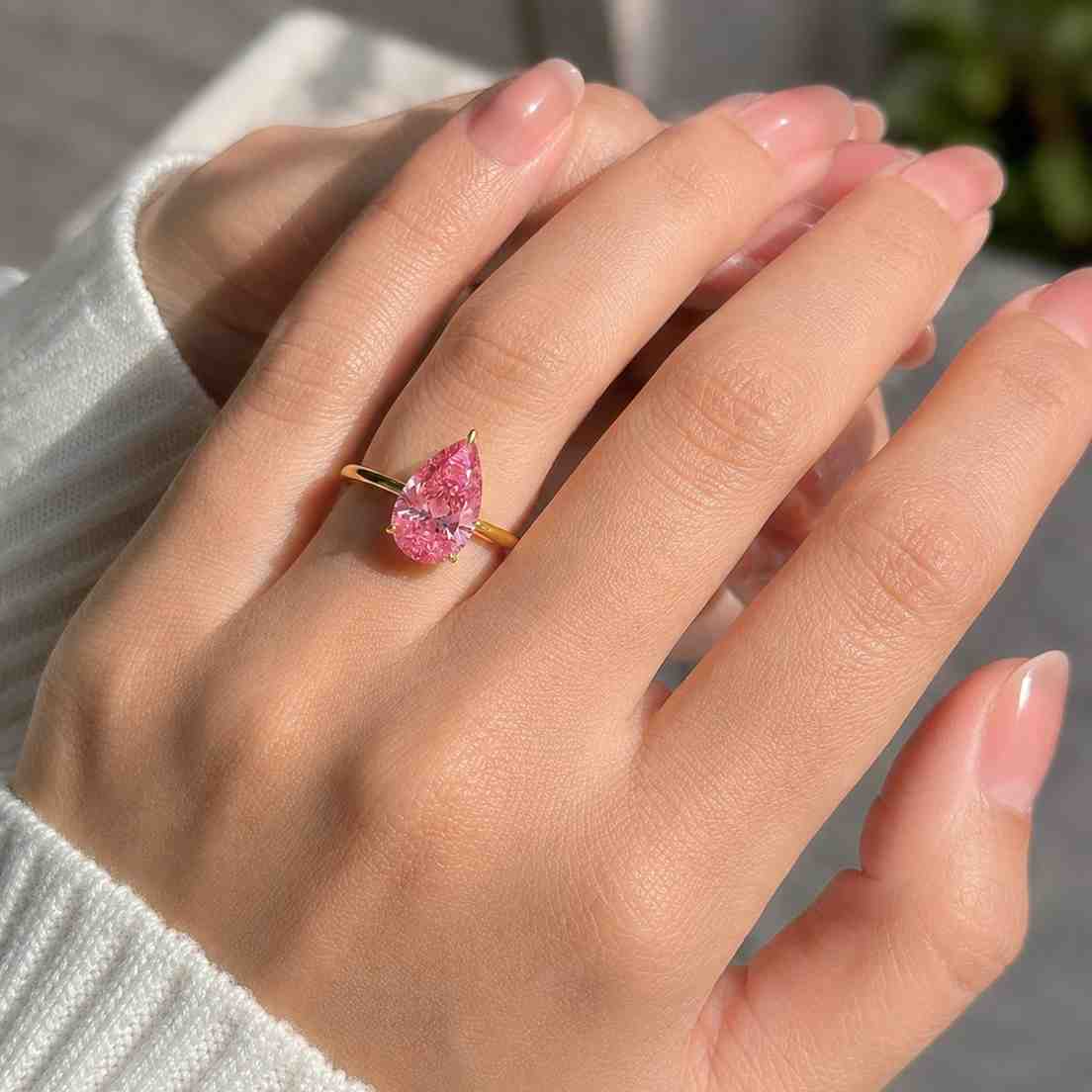 pink pear cut lab grown diamond engagement ring  solitaire with baguette side stones  wedding ring gift for her  lab created diamond