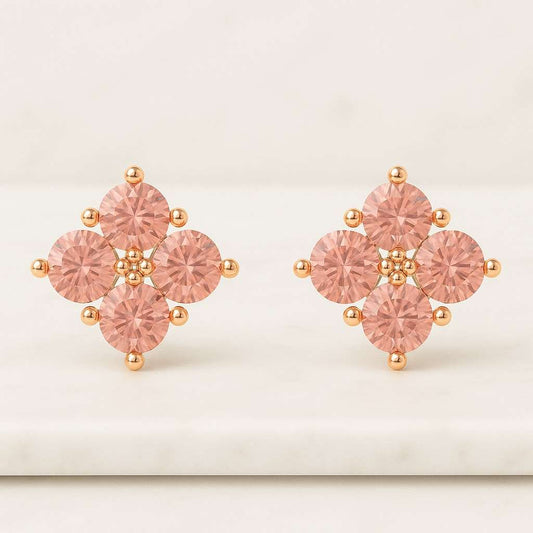 Pink Pear Cut Lab Grown Diamond Flower Earrings 14K White Gold Pink Round Cut Push Back Earrings Ready To Ship Studs