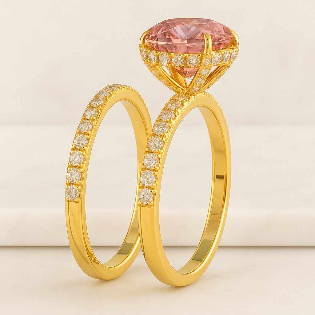 Pink Radiant Cut Engagement Ring Radiant Halo Wedding Ring Intense Pink CZ Ring Three Stone Promise Ring Anniversary Ring Gift For Her