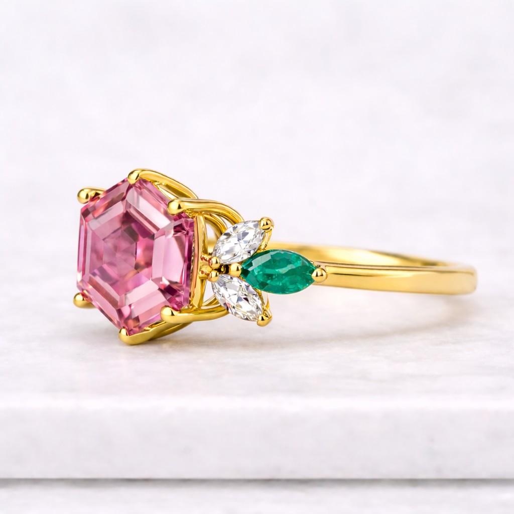 Pink Tourmaline With Moss Agate Marquise Engagement Ring