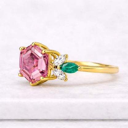 Pink Tourmaline With Moss Agate Marquise Engagement Ring