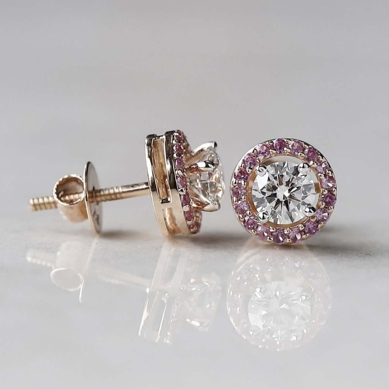 Pink sapphire diamond round cut earring studs 