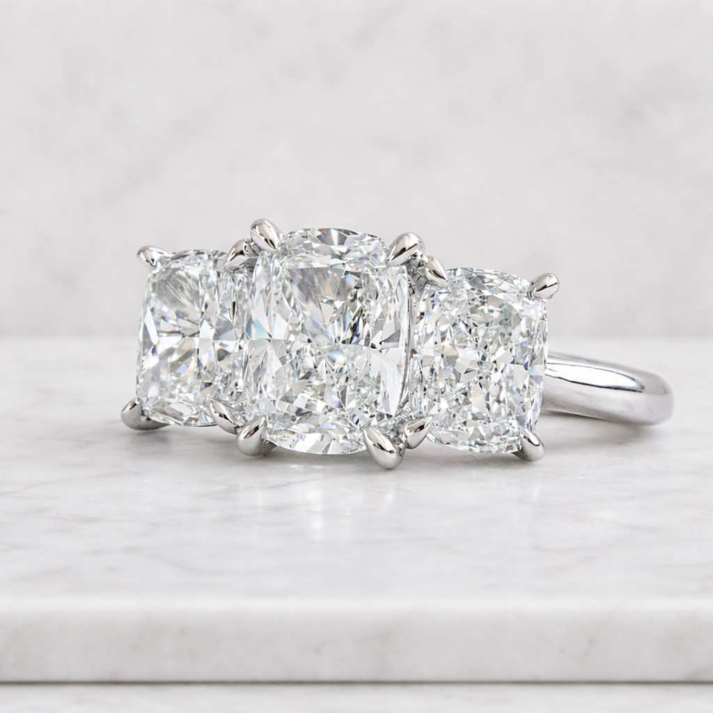 three stone elongated cushion cut lab grown diamond engagement ring