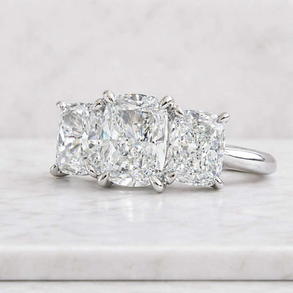 Three Stone Elongated Cushion Cut Lab Grown Diamond Engagement Ring