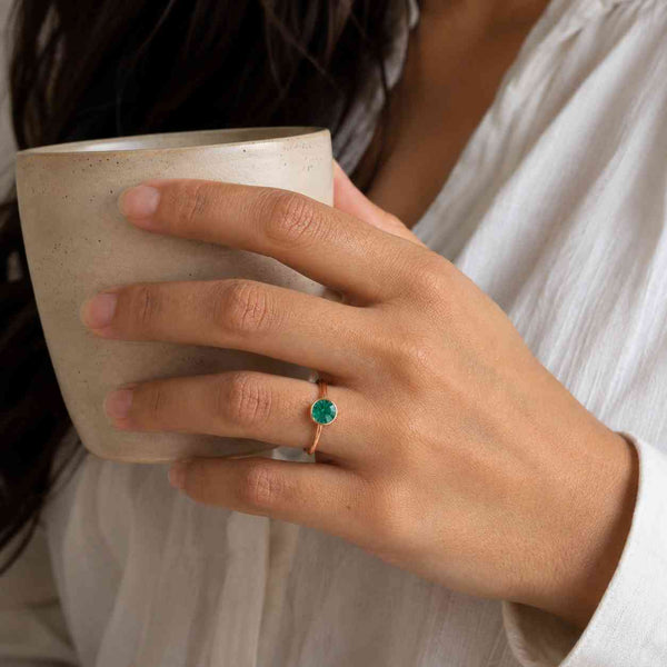 Portuguese Cut Ring, Green Moissanite Engagement Ring, Bezel Set Solitaire Diamond Ring, Yellow Gold Ring, Minimalist Modern Jewelry, 