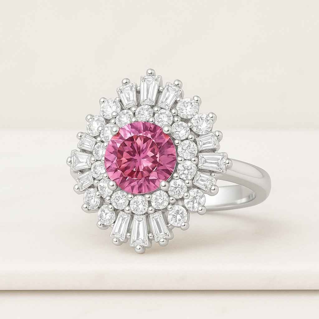 Portuguese Cut Wedding Anniversary Gift Ring Baguette Round Multi Stone Halo Ring Vintage Style Pink Sapphire Gold Rings Jewelry