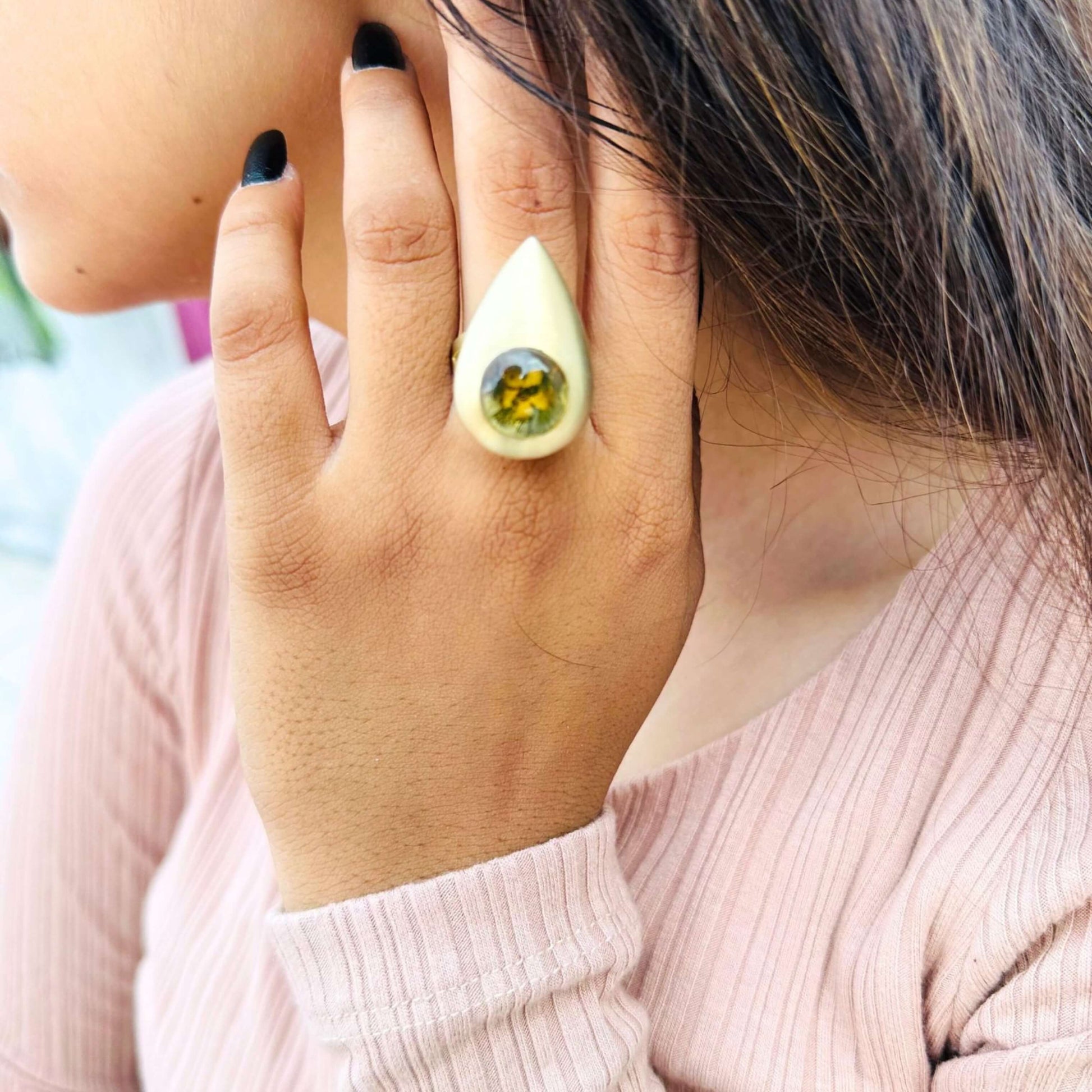 Pressed Yellow Flower Antique Ring