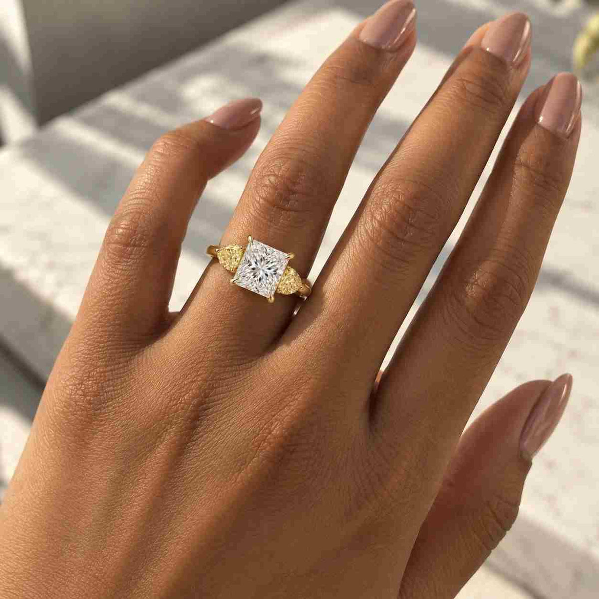 Princess Cut Lab Grown Diamond Engagement Ring, IGI Certified 14K Gold Three Stone Ring, Pear Side Diamond Promise Ring, Bridal Gift for Her