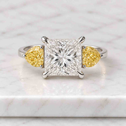 Square Cushion Cut Lab Grown Diamond Engagement Ring Three Stone Diamond Ring Side Pear Cut Diamond Ring Wedding Promise Bridal Ring For Her