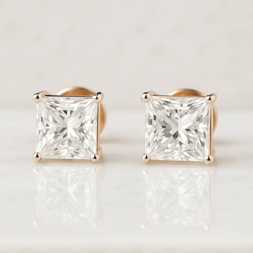 Princess Cut Lab Grown Diamond Solitaire Earrings Screw Back Studs For Her