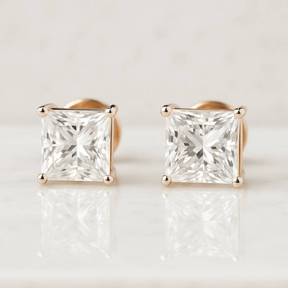 Princess Cut Lab Grown Diamond Solitaire Earrings Screw Back Studs For Her