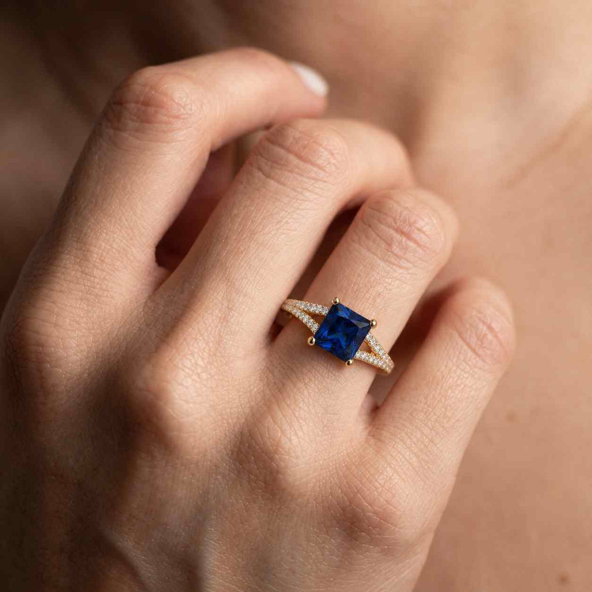 Princess Cut Blue Sapphire Engagement Ring, Unique Moissanite Ring Blue Gemstone Anniversary Gifts, Rose Gold Bridal Ring For Women
