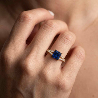Princess Cut Blue Sapphire Engagement Ring, Unique Moissanite Ring Blue Gemstone Anniversary Gifts, Rose Gold Bridal Ring For Women

