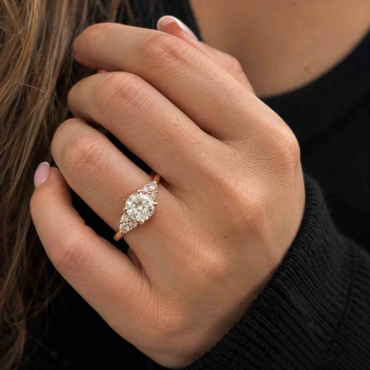 lab grown diamond three stone engagement ring 