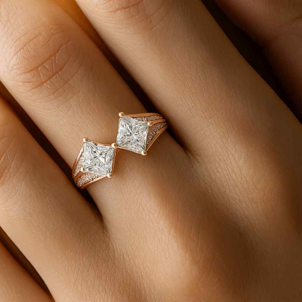 Princess Cut Diamond Open Ring in Yellow Gold Moissanite Lab Diamond Engagement Ring Jewelry