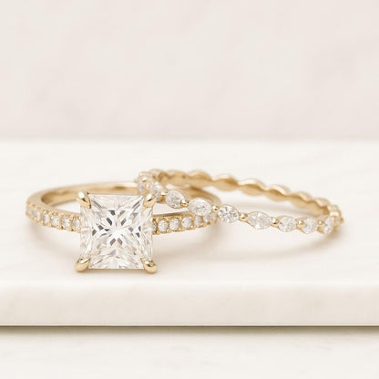 Princess Cut Engagement Ring Lab Diamond Ring for Women Pave Setting Ring Set